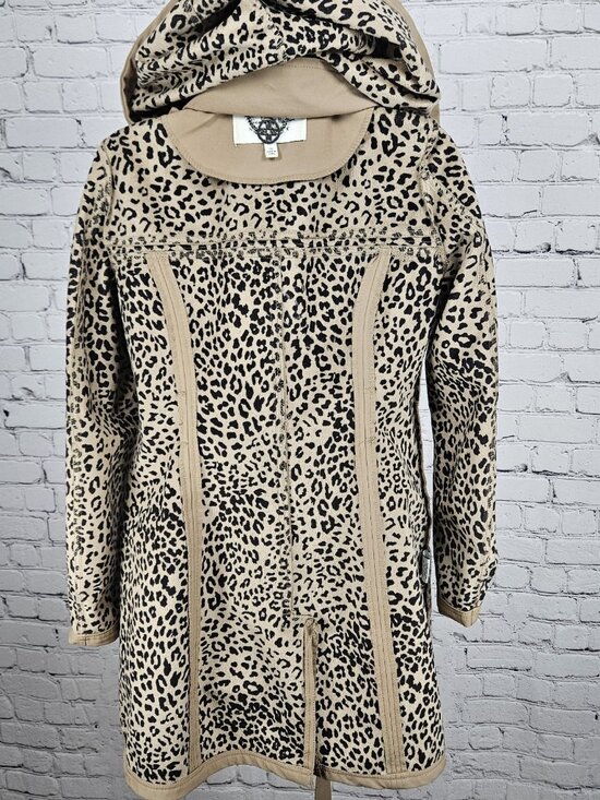 Nicole Miller Tan Leopard Removable Hood Belted Trench Soft Shell Long Coat S - Picture 7 of 16